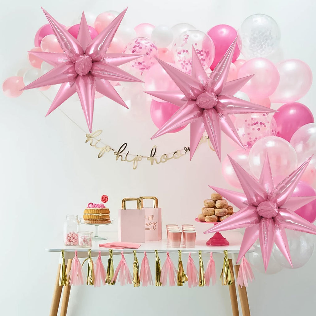 JHZMCRX 72 Pcs Pink Star Foil Balloons – 12-Point Cone Star Balloon Arch & Backdrops