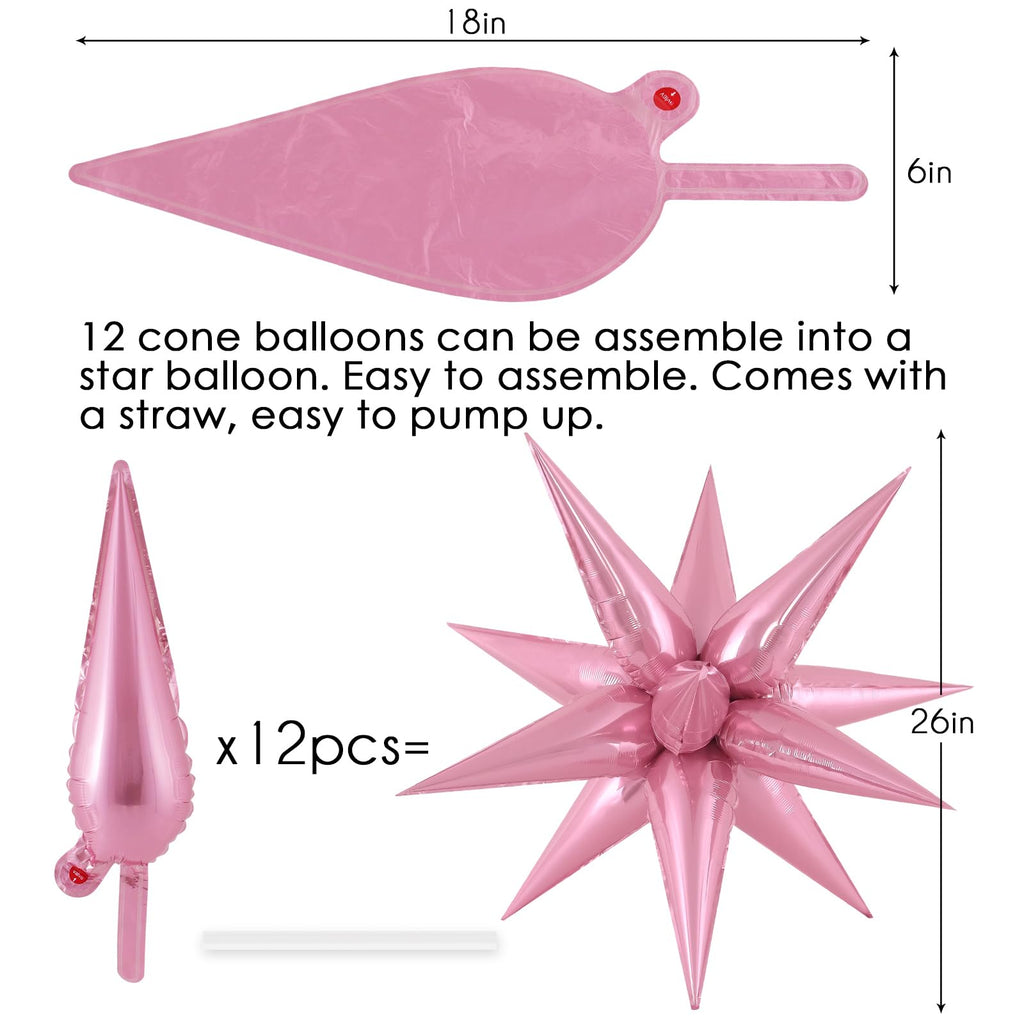 JHZMCRX 72 Pcs Pink Star Foil Balloons – 12-Point Cone Star Balloon Arch & Backdrops