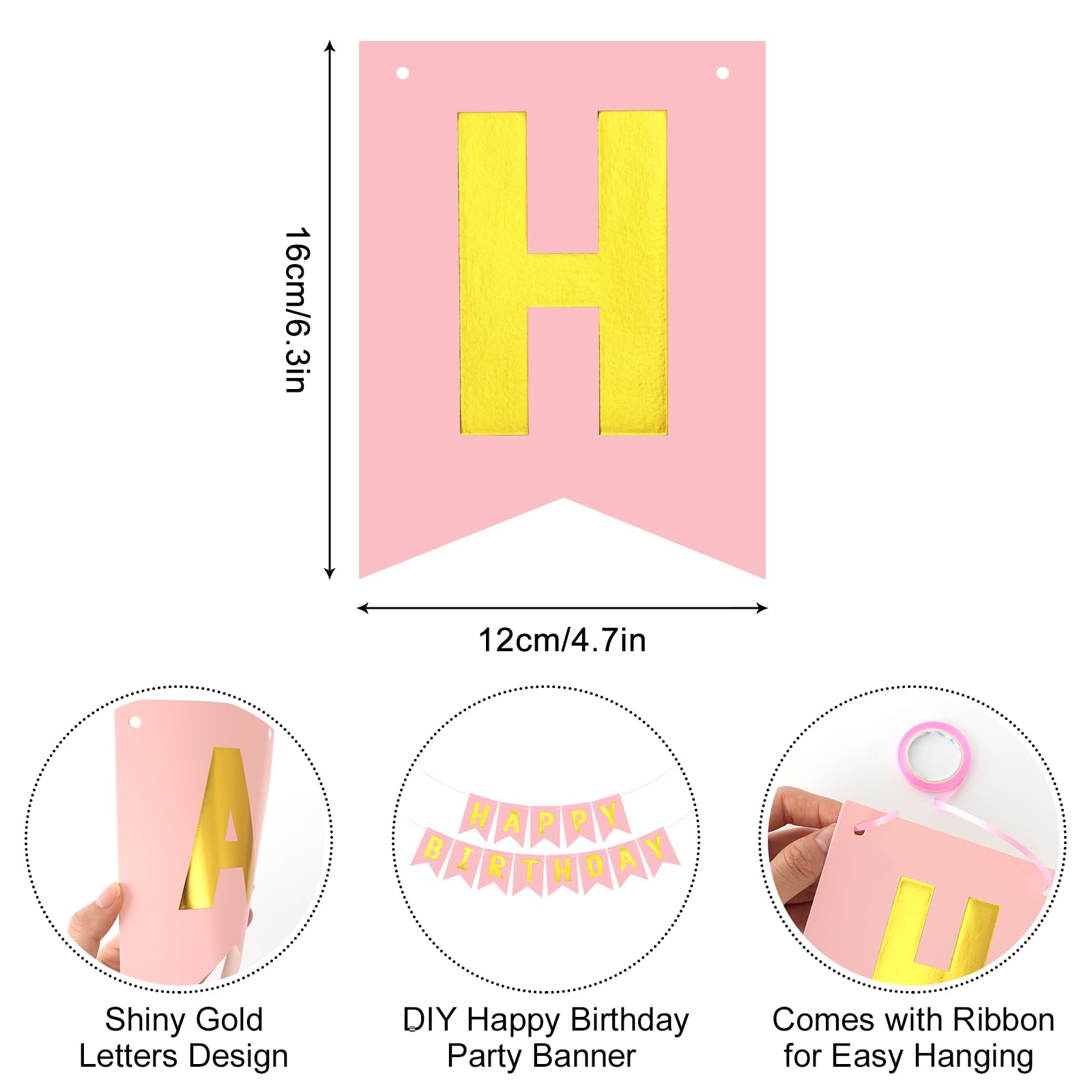 JHZMCRX Light Pink Happy Birthday Banner Sign – Personalized Name Banner with Golden Letters