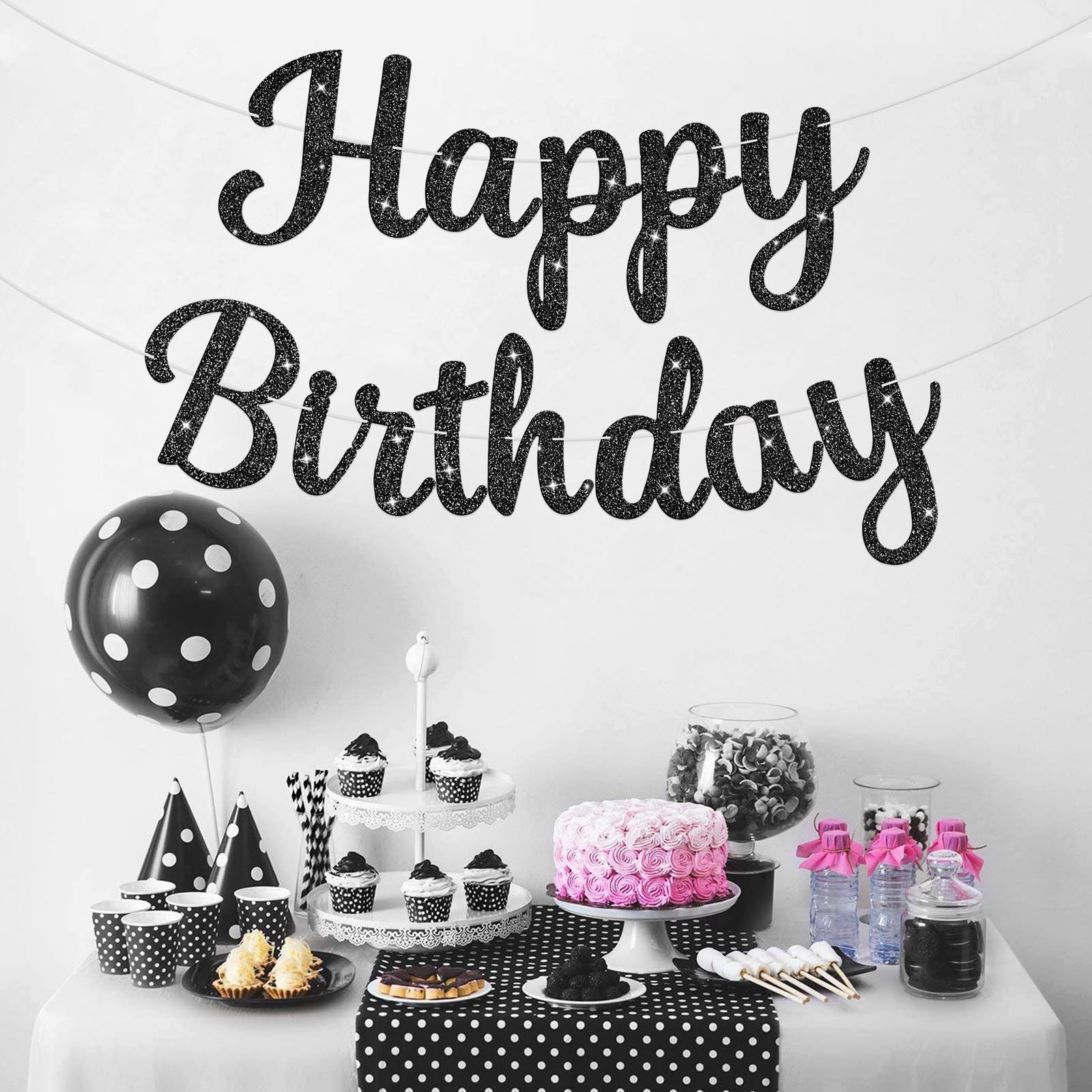 JHZMCRX Glitter Black Happy Birthday Banner – DIY Glitter Letter Garland for Parties