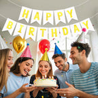 JHZMCRX White Happy Birthday Banner Sign – DIY Letter Banner with Golden Letters