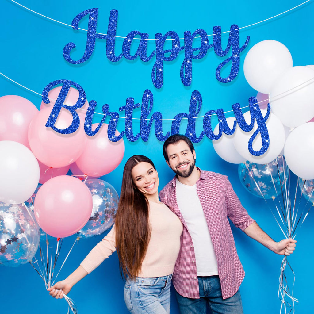 JHZMCRX Blue Glitter Happy Birthday Banner Sign – Birthday Garland & Backdrop for Parties