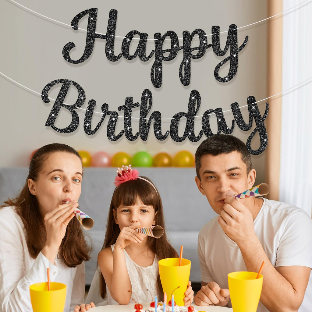 JHZMCRX Glitter Black Happy Birthday Banner – DIY Glitter Letter Garland for Parties