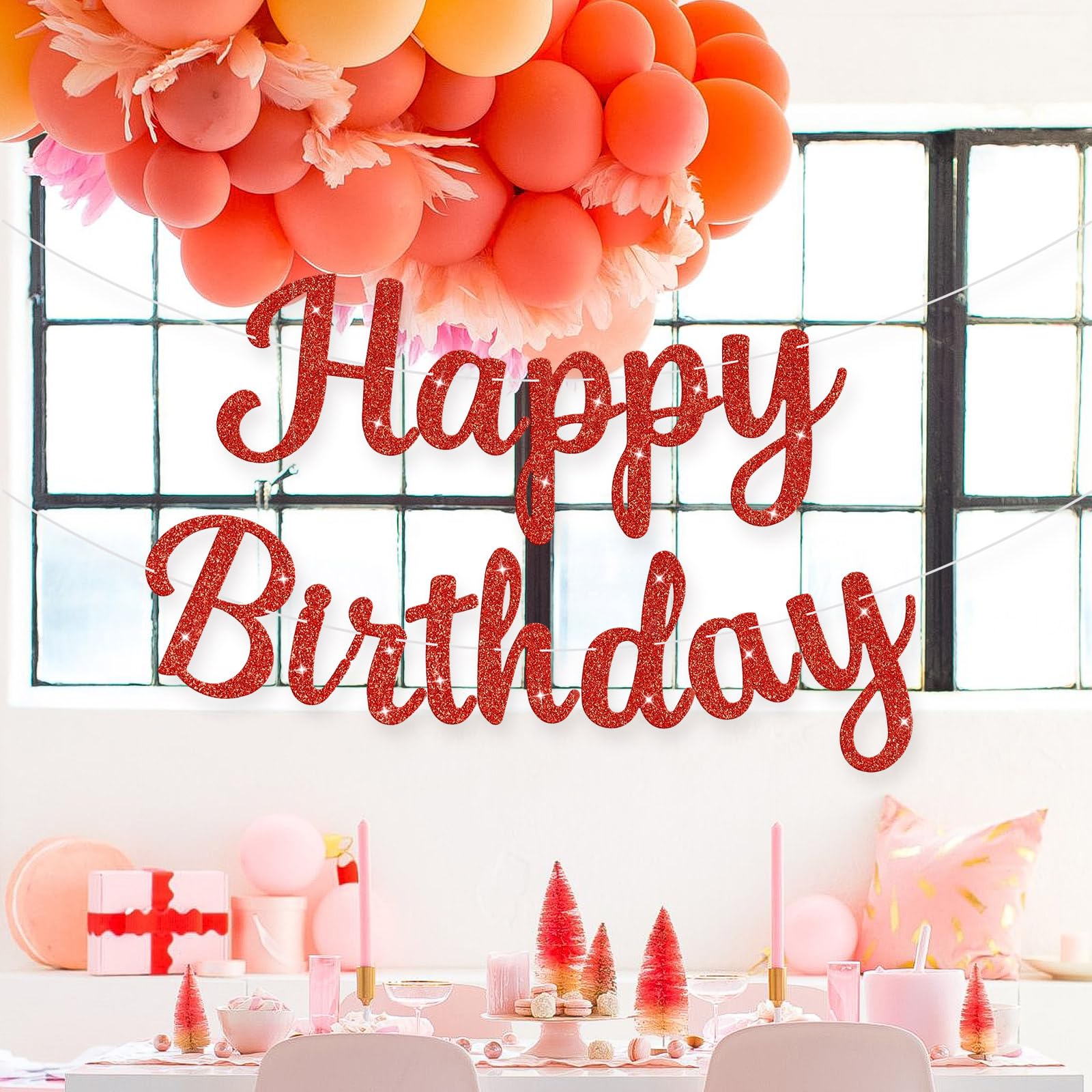 JHZMCRX Red Glitter Happy Birthday Banner Sign – DIY Birthday Garland for Walls, Doors & Backdrops