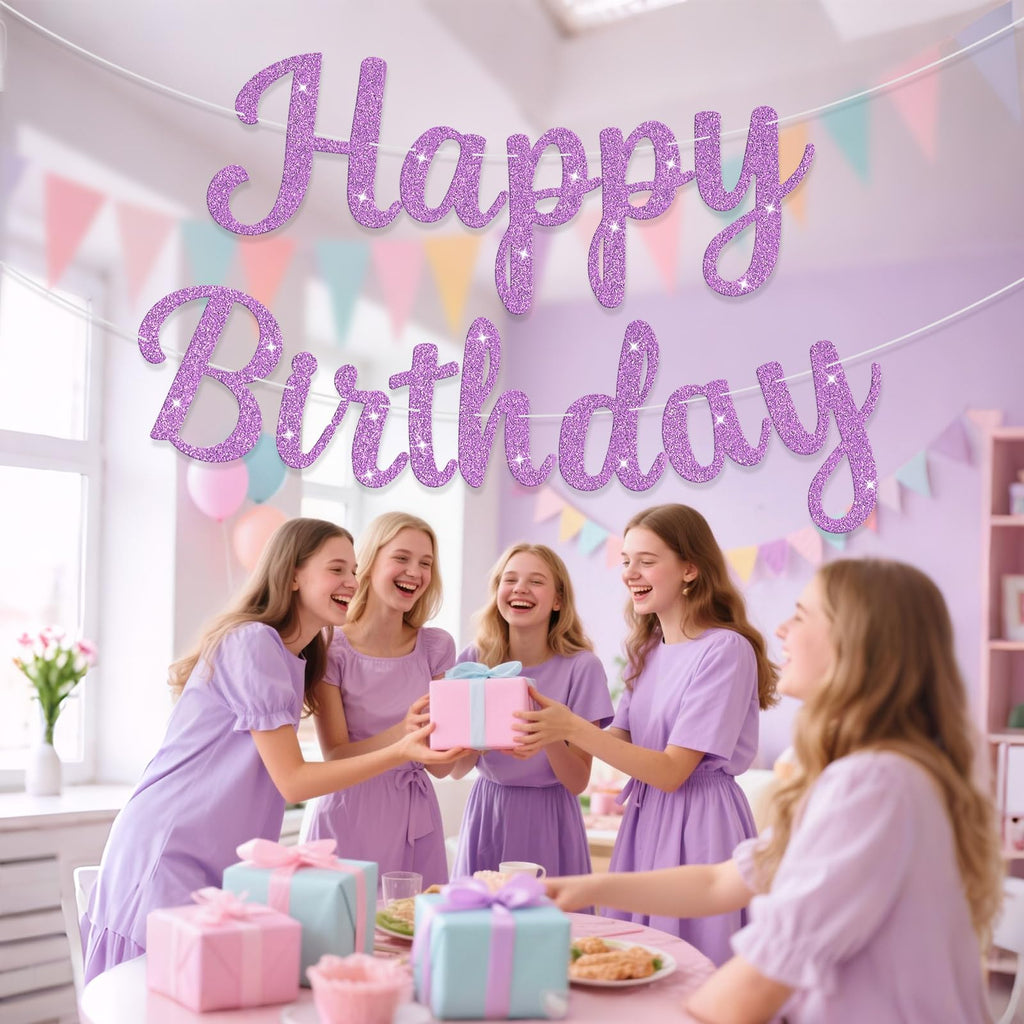 JHZMCRX Light Purple Glitter Happy Birthday Banner – DIY Letter Sign & Party Backdrop