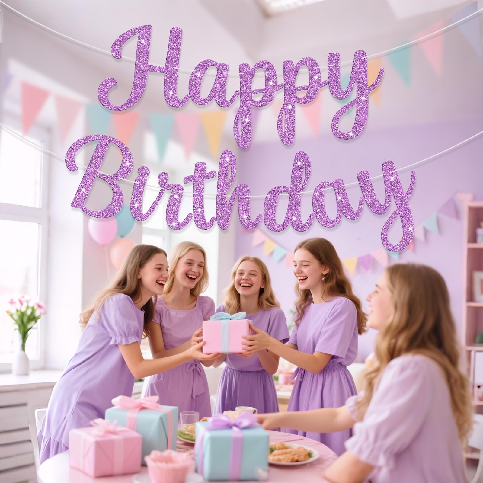 JHZMCRX Light Purple Glitter Happy Birthday Banner – DIY Letter Sign & Party Backdrop