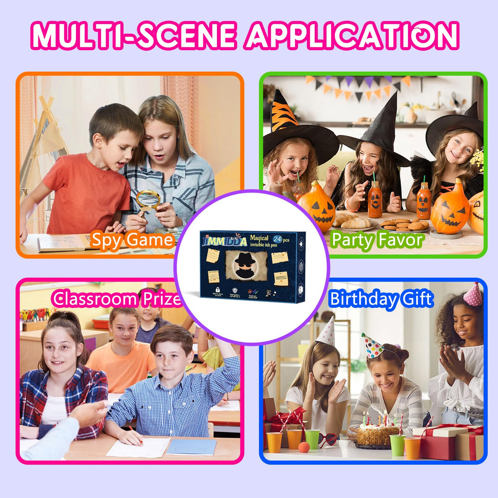 JIMMIDDA Invisible Ink Pen Spy Game – 24Pcs Kids Party Favors with UV Light Pens & Black Notebooks