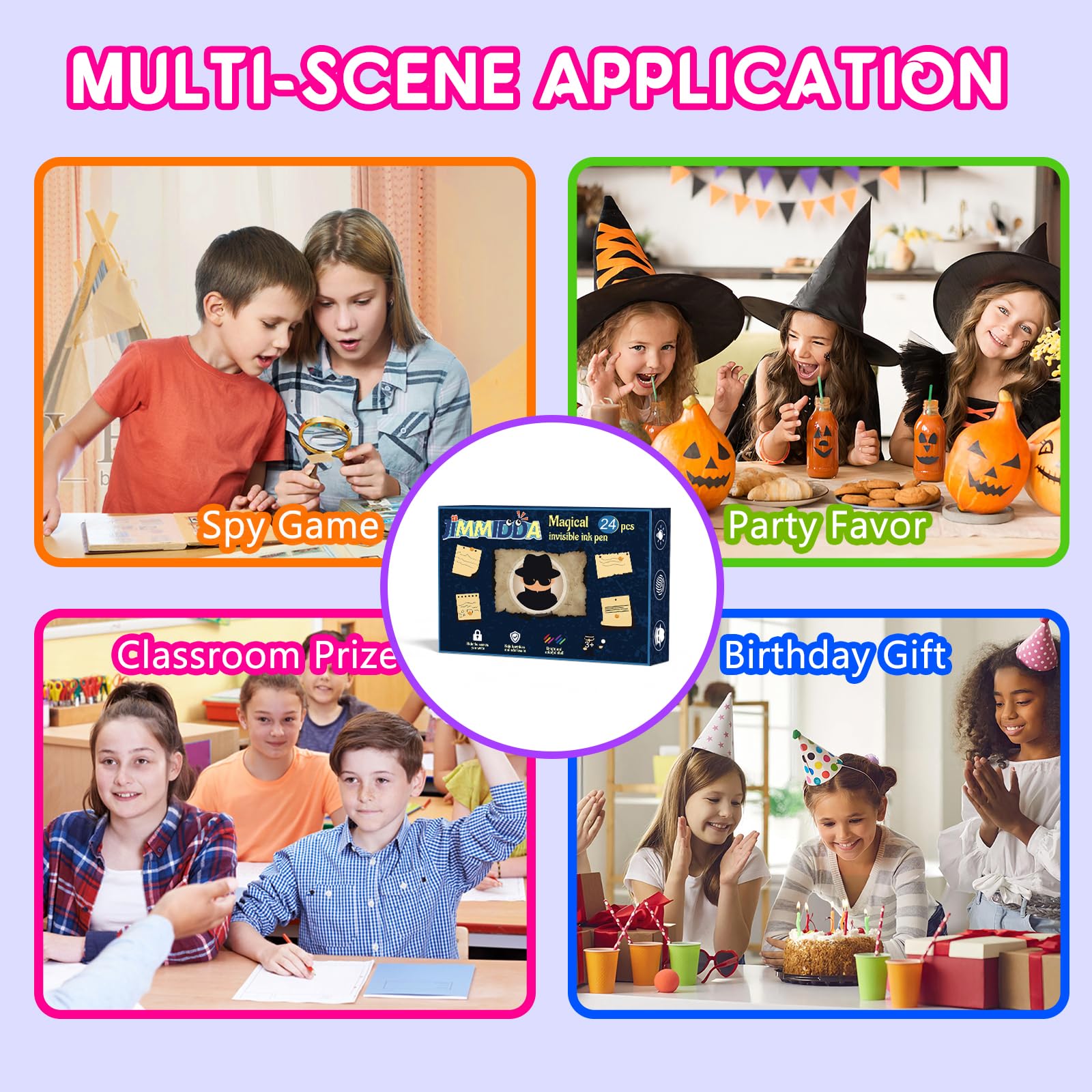 JIMMIDDA Invisible Ink Pen Spy Game – 24Pcs Kids Party Favors with UV Light Pens & Black Notebooks