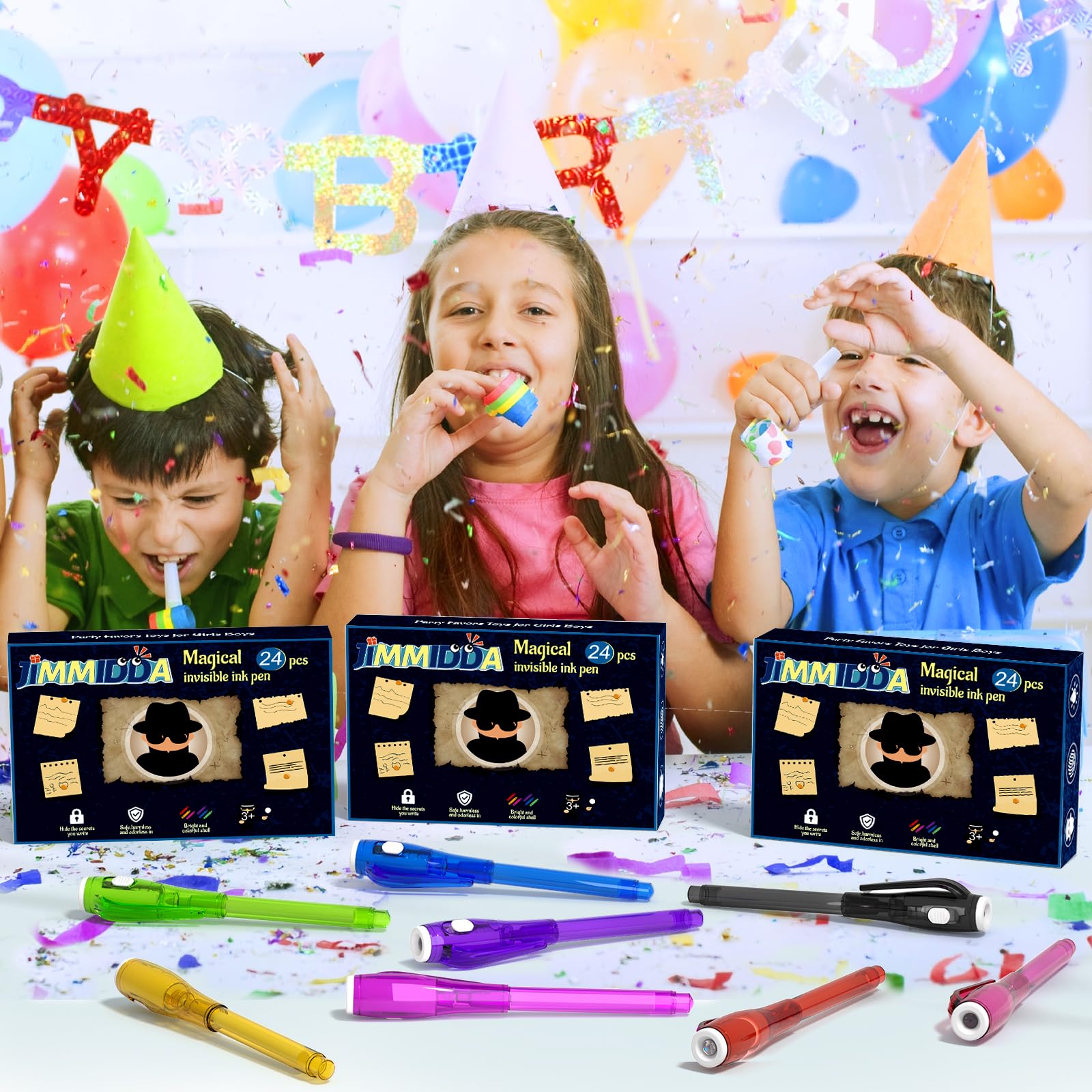 JIMMIDDA Invisible Ink Pen Spy Game – 24Pcs Kids Party Favors with UV Light Pens & Black Notebooks