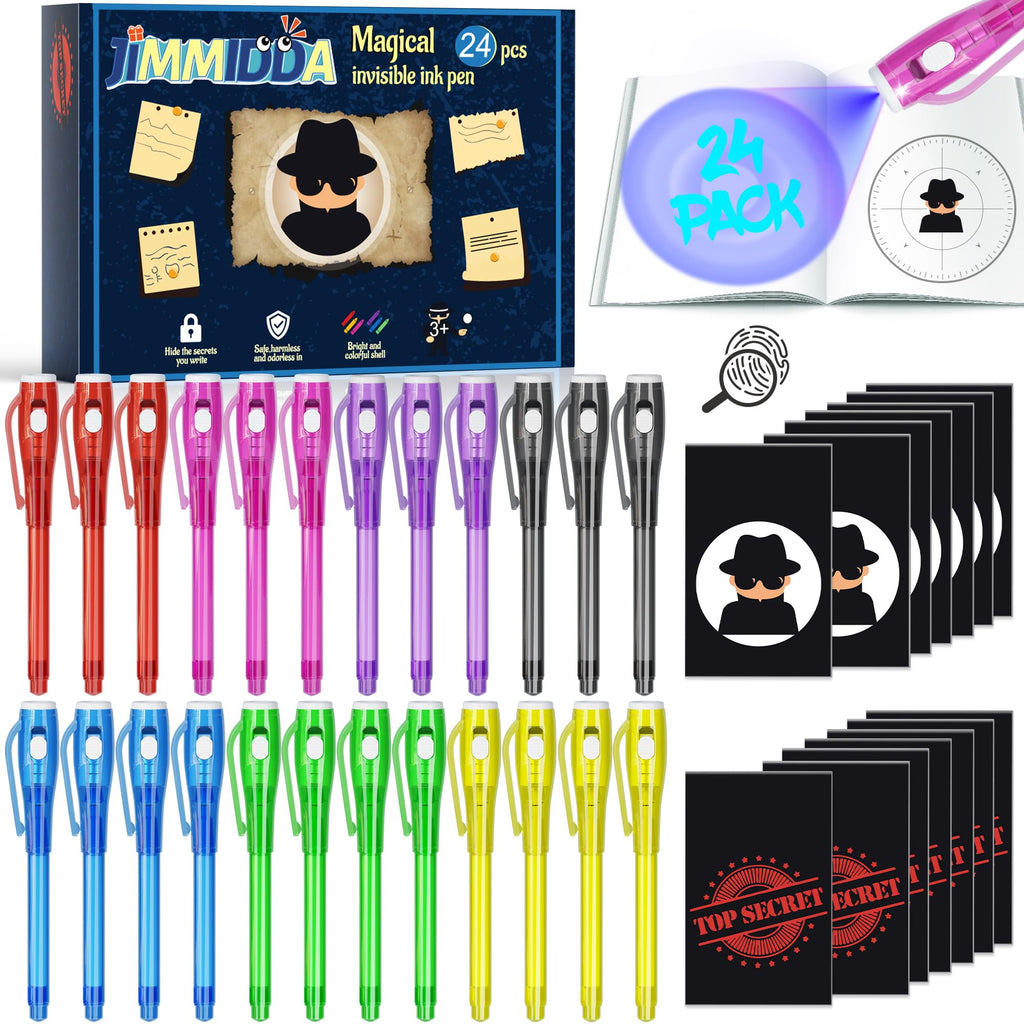 JIMMIDDA Invisible Ink Pen Spy Game – 24Pcs Kids Party Favors with UV Light Pens & Black Notebooks