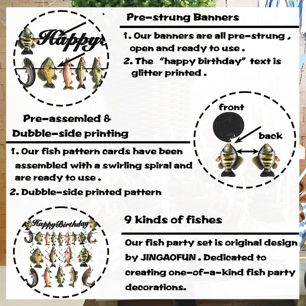JINGAOFUN Pre-Strung Fishing Birthday Party Decorations – 2 Banners + 9 Pre-assembled Fish Swirls
