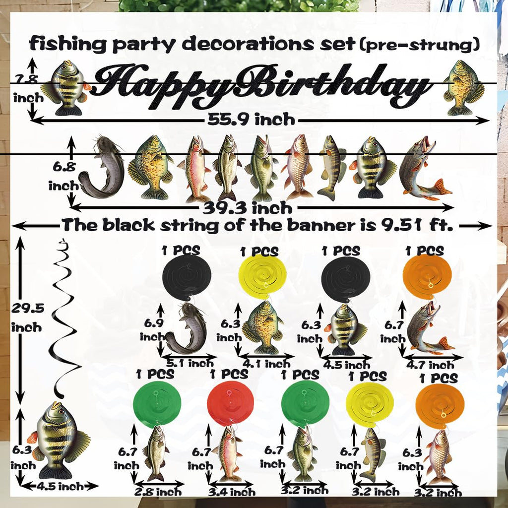 JINGAOFUN Pre-Strung Fishing Birthday Party Decorations – 2 Banners + 9 Pre-assembled Fish Swirls