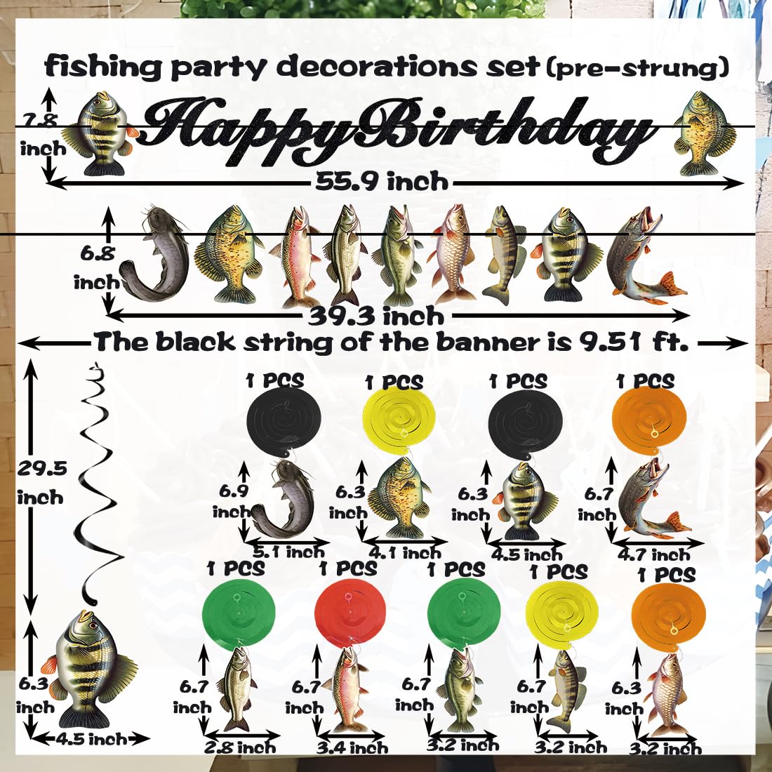 JINGAOFUN Pre-Strung Fishing Birthday Party Decorations – 2 Banners + 9 Pre-assembled Fish Swirls