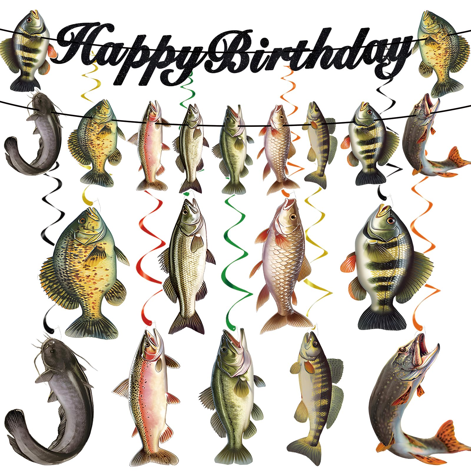 JINGAOFUN Pre-Strung Fishing Birthday Party Decorations – 2 Banners + 9 Pre-assembled Fish Swirls