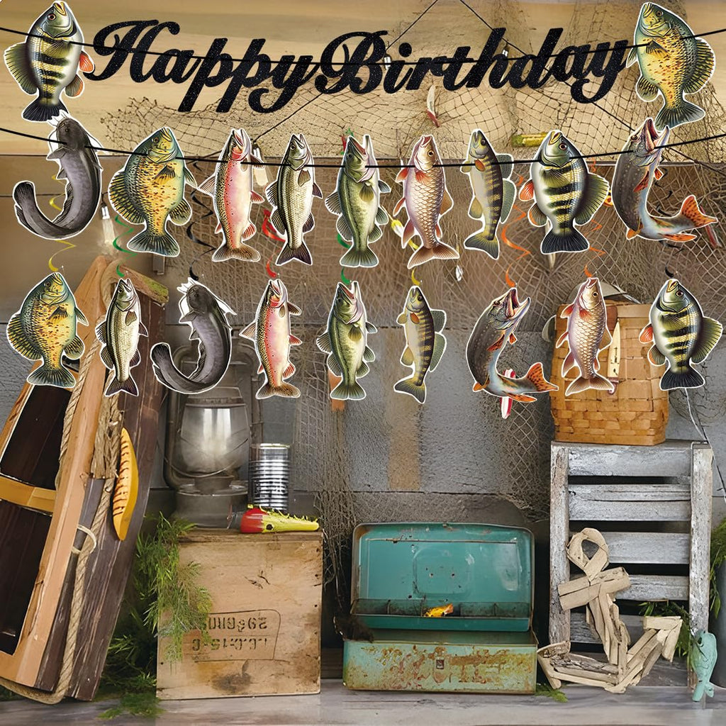 JINGAOFUN Pre-Strung Fishing Birthday Party Decorations – 2 Banners + 9 Pre-assembled Fish Swirls