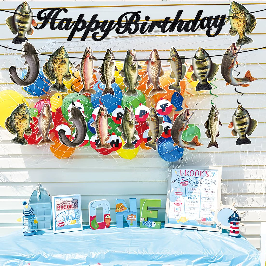 JINGAOFUN Pre-Strung Fishing Birthday Party Decorations – 2 Banners + 9 Pre-assembled Fish Swirls