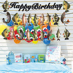 JINGAOFUN Pre-Strung Fishing Birthday Party Decorations – 2 Banners + 9 Pre-assembled Fish Swirls
