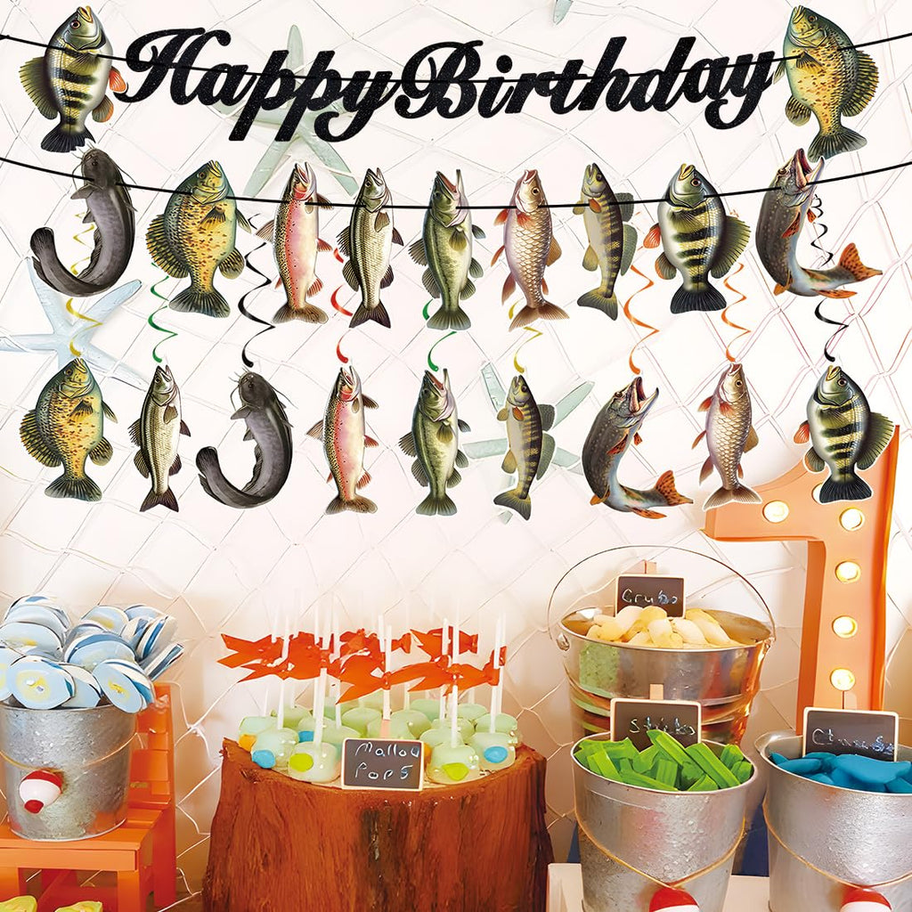 JINGAOFUN Pre-Strung Fishing Birthday Party Decorations – 2 Banners + 9 Pre-assembled Fish Swirls