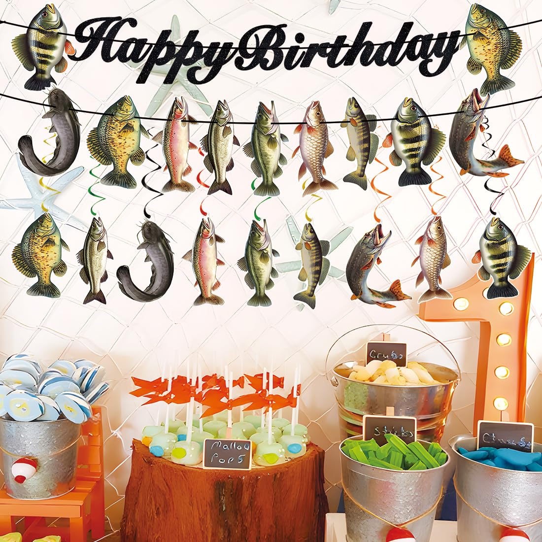 JINGAOFUN Pre-Strung Fishing Birthday Party Decorations – 2 Banners + 9 Pre-assembled Fish Swirls