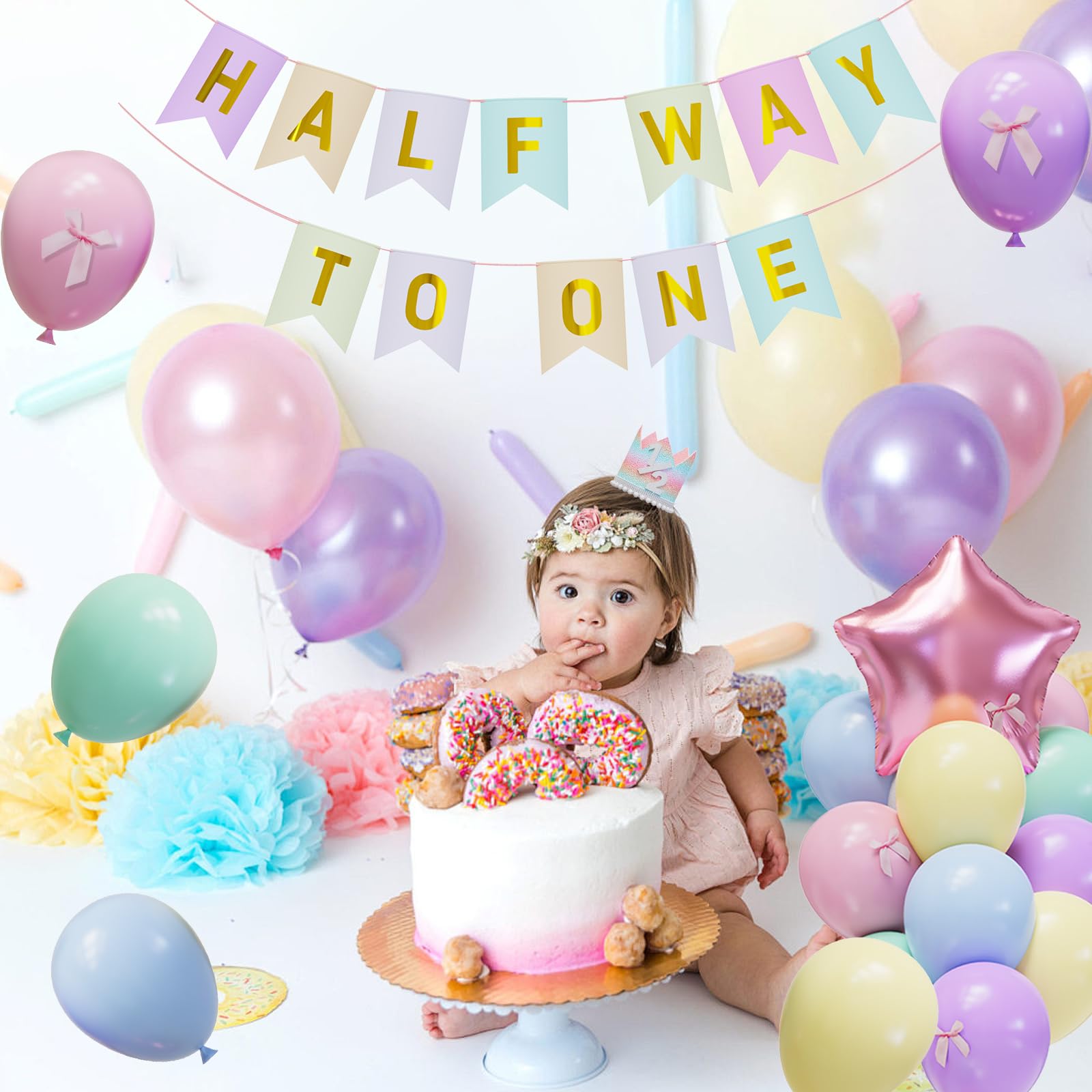 JIUENAGCN Half Way To One Baby Girl Banner & Pastel Balloon Decor