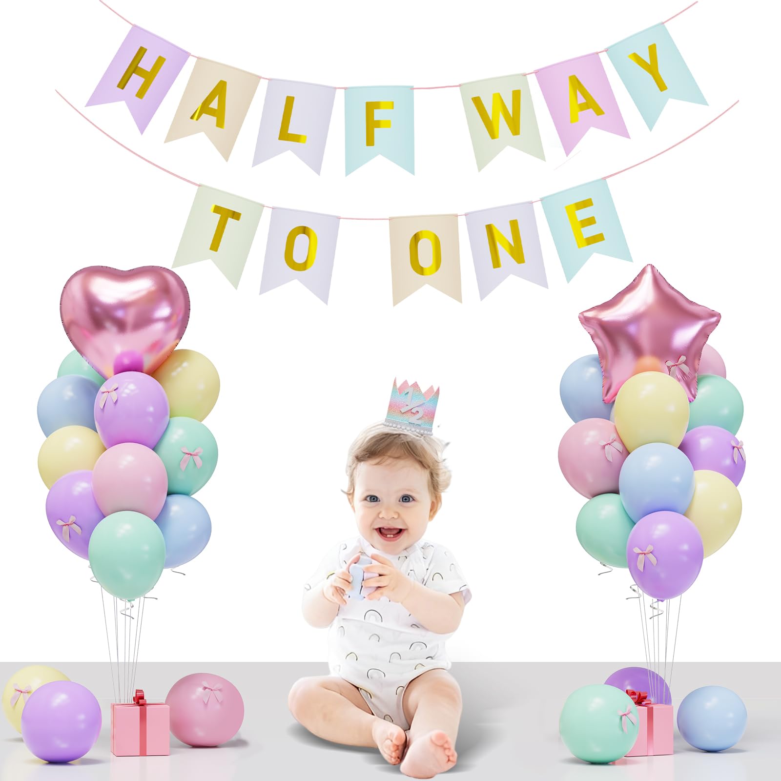 JIUENAGCN Half Way To One Baby Girl Banner & Pastel Balloon Decor