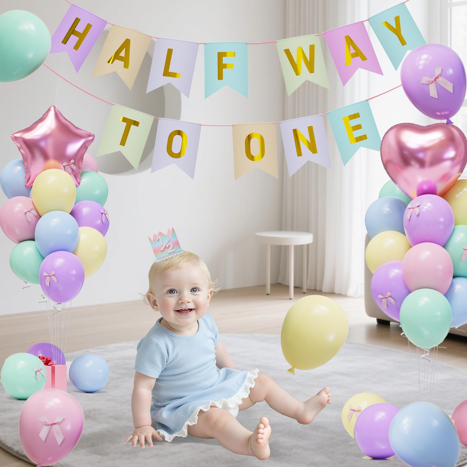 JIUENAGCN Half Way To One Baby Girl Banner & Pastel Balloon Decor