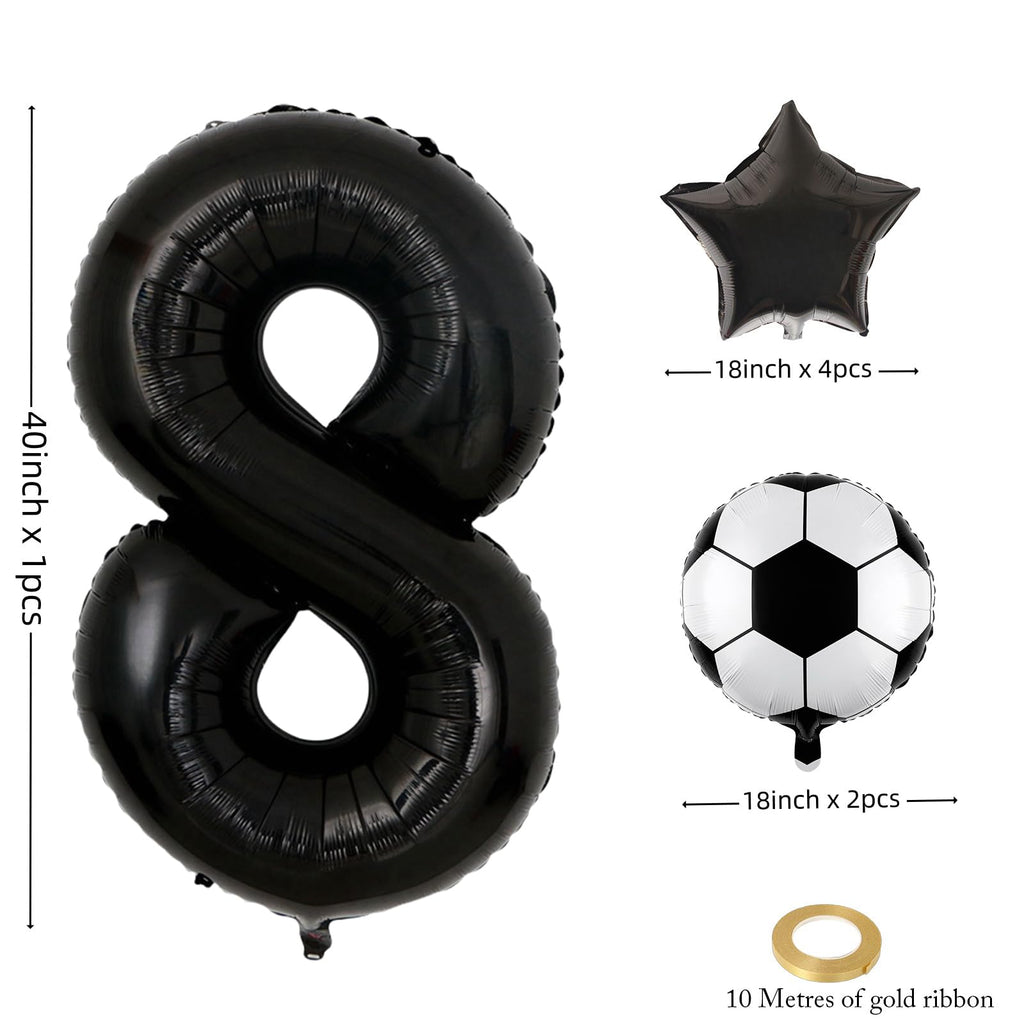 JKGOO 40-Inch Black Number 8 Balloons Set for Soccer Parties – Includes Soccer Balloons, Stars, and Gold Ribbon