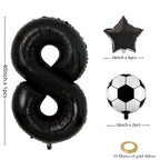 JKGOO 40-Inch Black Number 8 Balloons Set for Soccer Parties – Includes Soccer Balloons, Stars, and Gold Ribbon