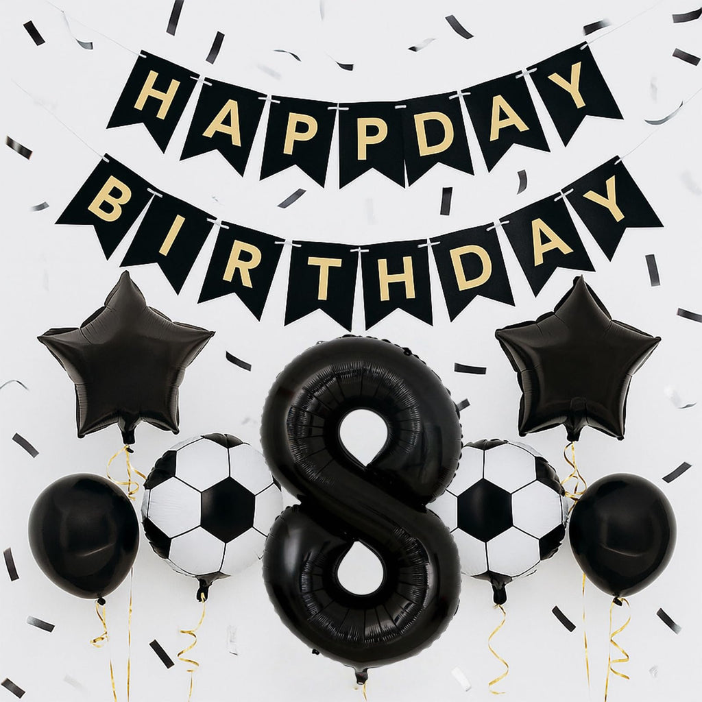 JKGOO 40-Inch Black Number 8 Balloons Set for Soccer Parties – Includes Soccer Balloons, Stars, and Gold Ribbon