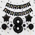 JKGOO 40-Inch Black Number 8 Balloons Set for Soccer Parties – Includes Soccer Balloons, Stars, and Gold Ribbon