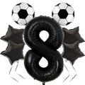 JKGOO 40-Inch Black Number 8 Balloons Set for Soccer Parties – Includes Soccer Balloons, Stars, and Gold Ribbon