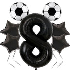 JKGOO 40-Inch Black Number 8 Balloons Set for Soccer Parties – Includes Soccer Balloons, Stars, and Gold Ribbon