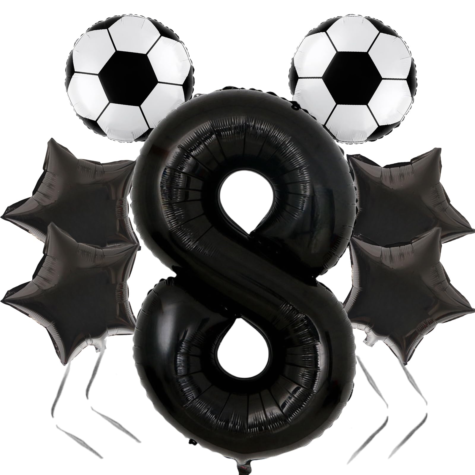 JKGOO 40-Inch Black Number 8 Balloons Set for Soccer Parties – Includes Soccer Balloons, Stars, and Gold Ribbon
