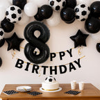 JKGOO 40-Inch Black Number 8 Balloons Set for Soccer Parties – Includes Soccer Balloons, Stars, and Gold Ribbon