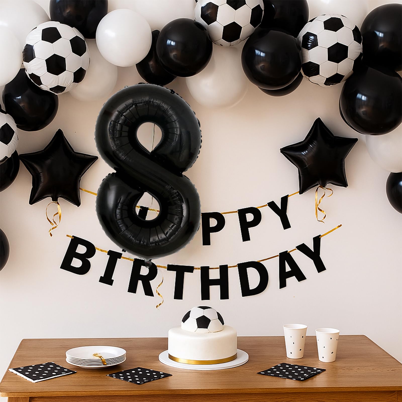 JKGOO 40-Inch Black Number 8 Balloons Set for Soccer Parties – Includes Soccer Balloons, Stars, and Gold Ribbon