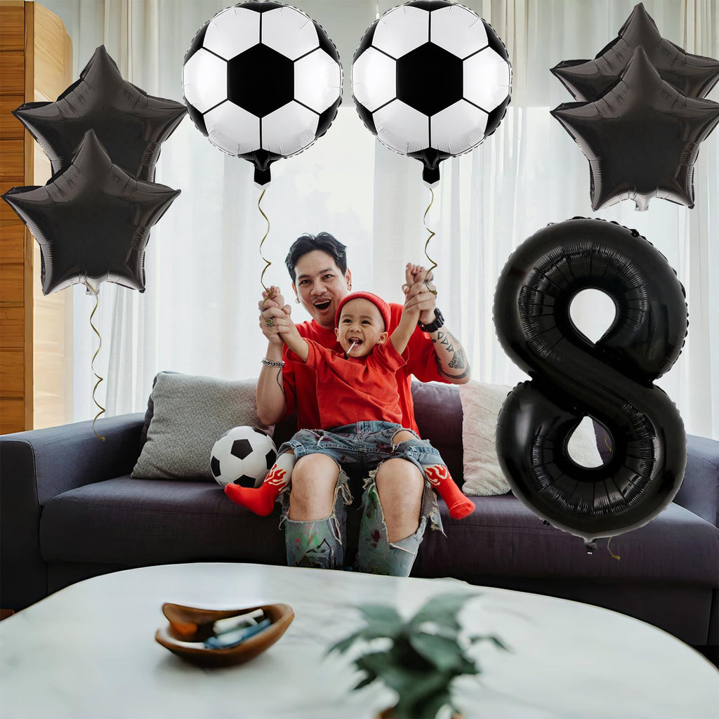 JKGOO 40-Inch Black Number 8 Balloons Set for Soccer Parties – Includes Soccer Balloons, Stars, and Gold Ribbon