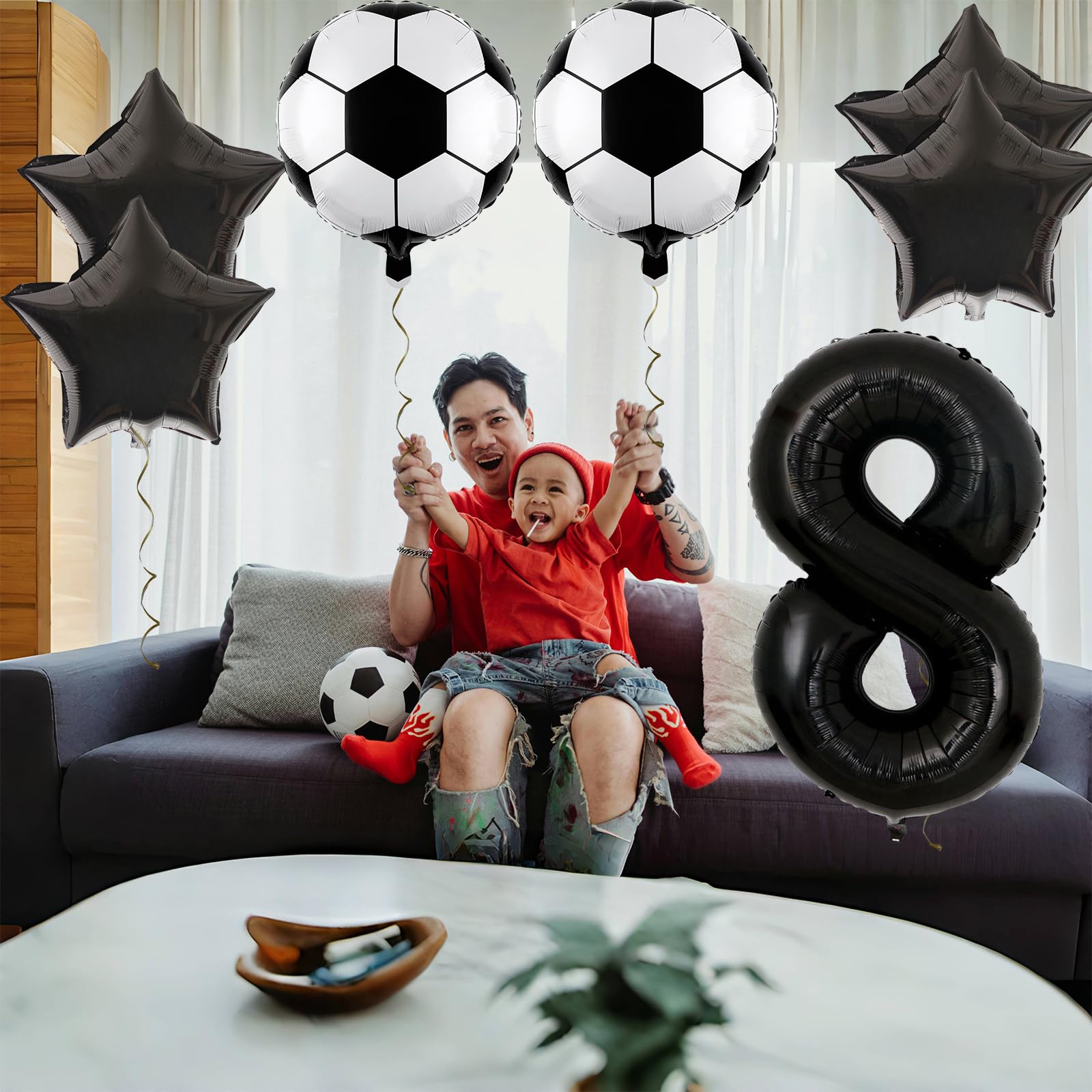 JKGOO 40-Inch Black Number 8 Balloons Set for Soccer Parties – Includes Soccer Balloons, Stars, and Gold Ribbon