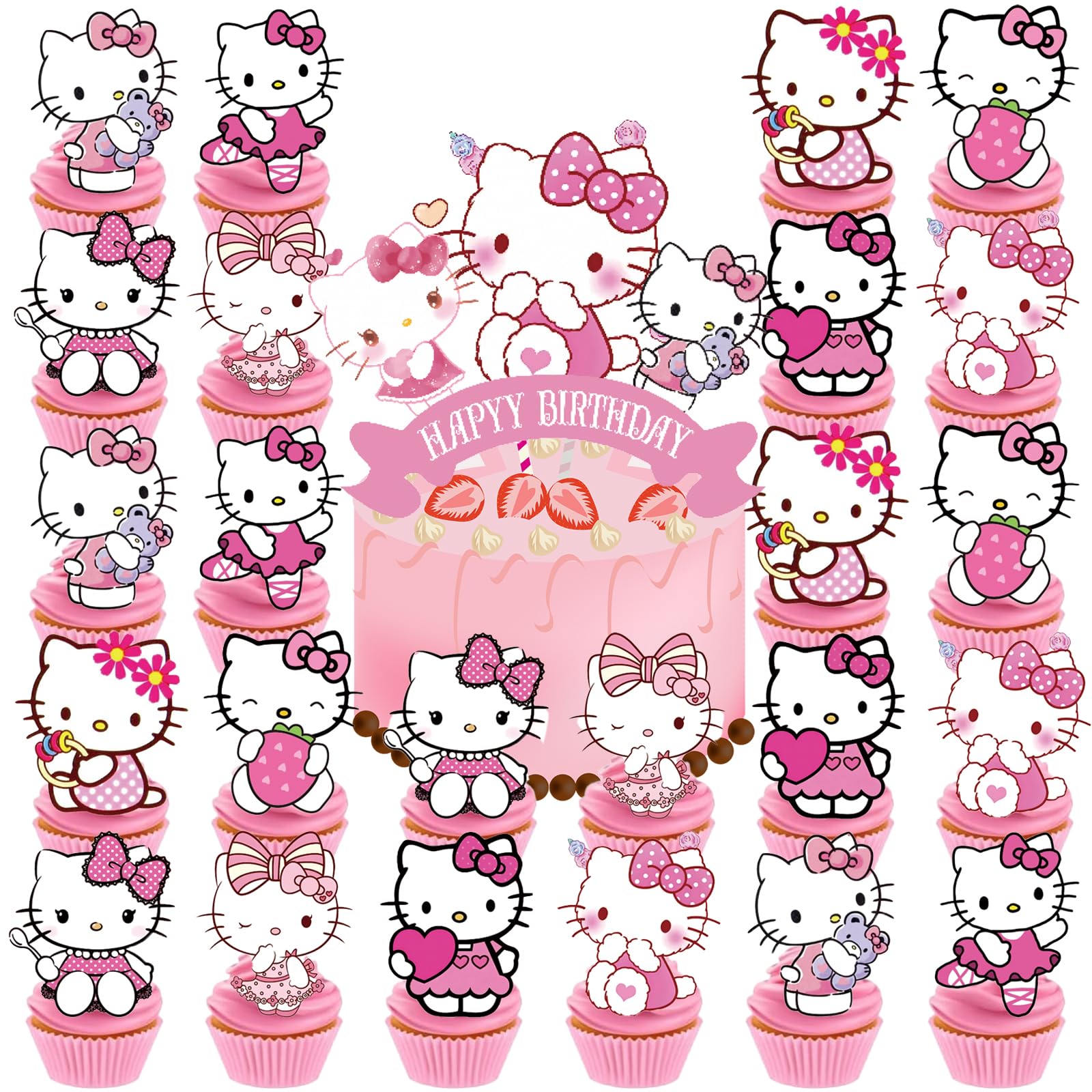 Jlemon 25pcs Cupcake Toppers - Happy Birthday Pink Cat Theme, Style A