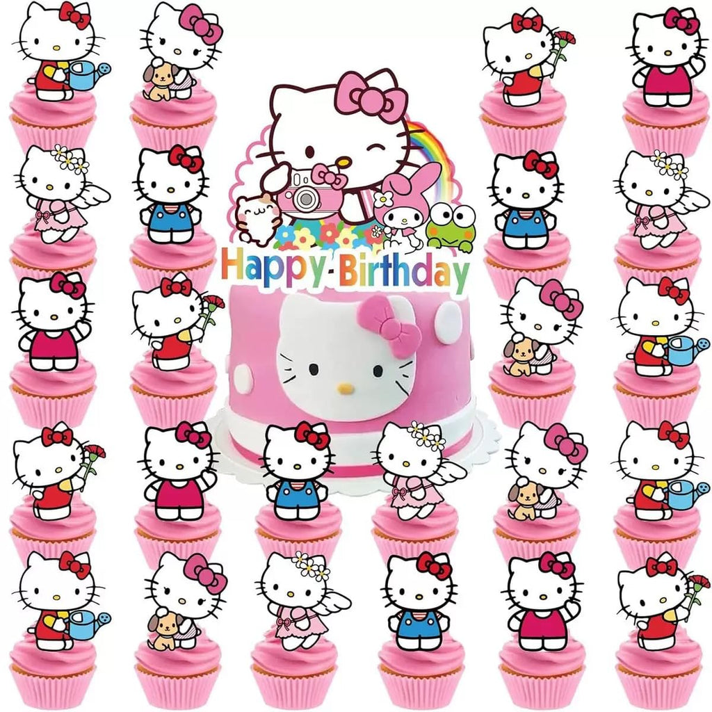 Jlemon 25pcs Kawaii Cat Cupcake Toppers – Hello Pink Cat Birthday Topper Set (Style B)