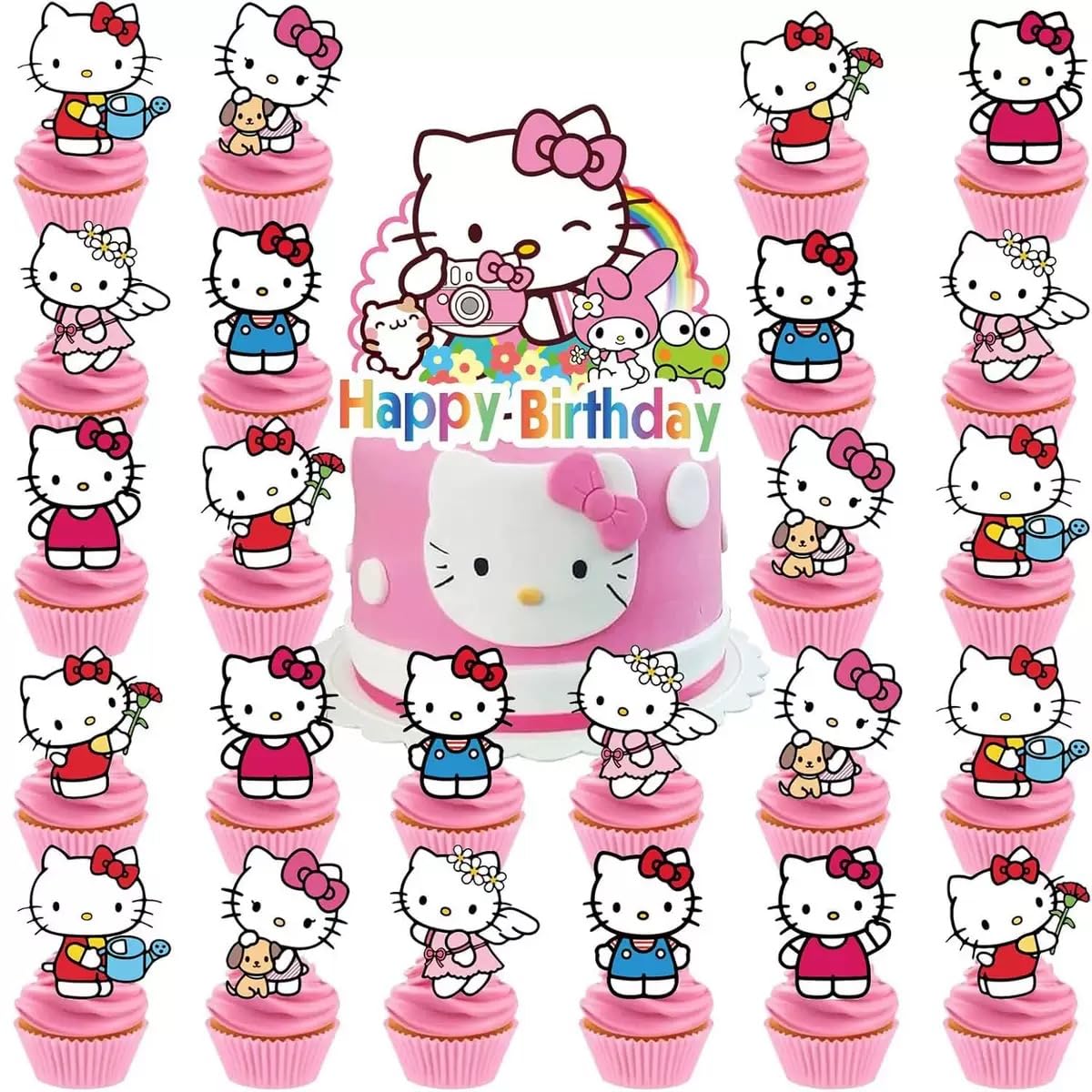 Jlemon 25pcs Kawaii Cat Cupcake Toppers – Hello Pink Cat Birthday Topper Set (Style B)