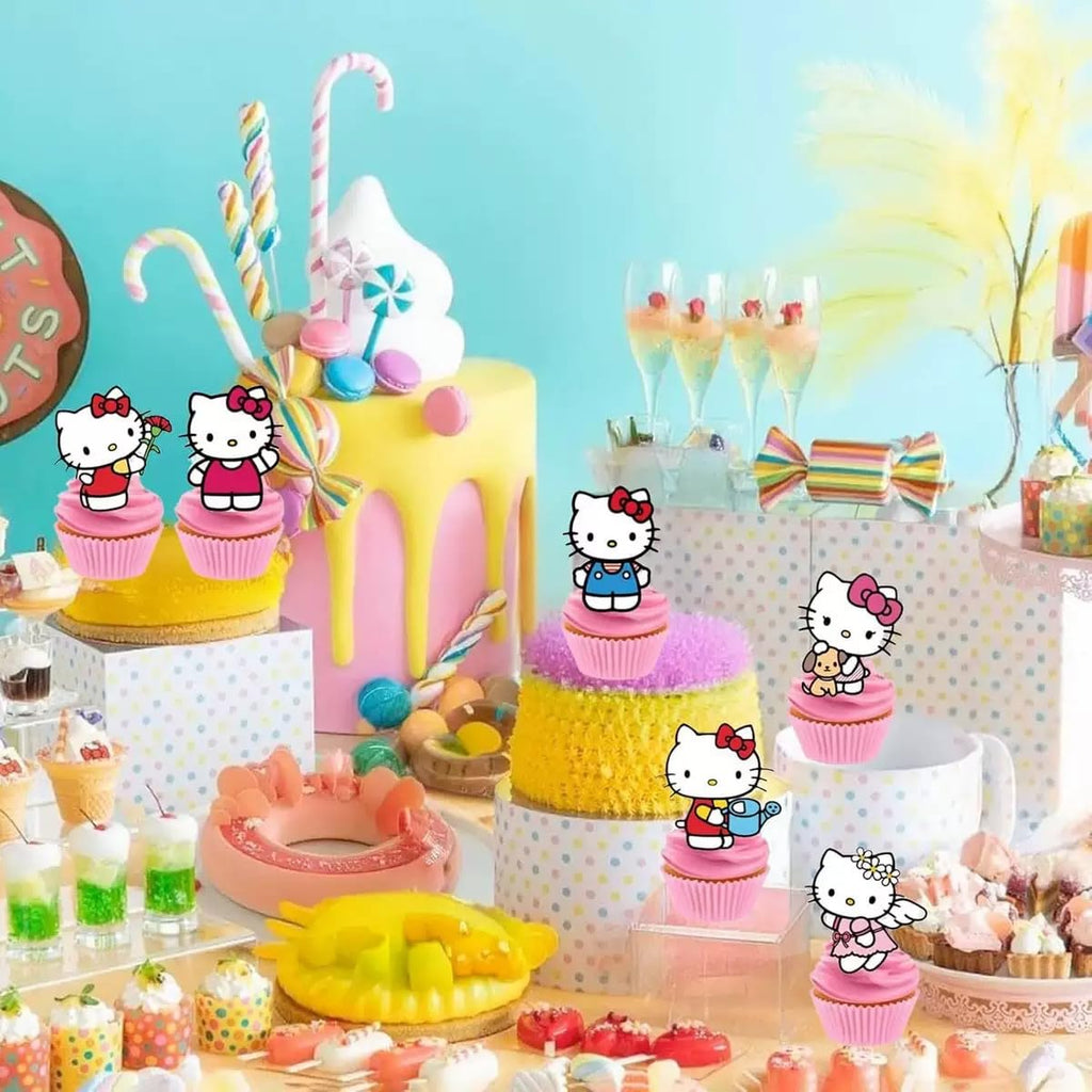 Jlemon 25pcs Kawaii Cat Cupcake Toppers – Hello Pink Cat Birthday Topper Set (Style B)
