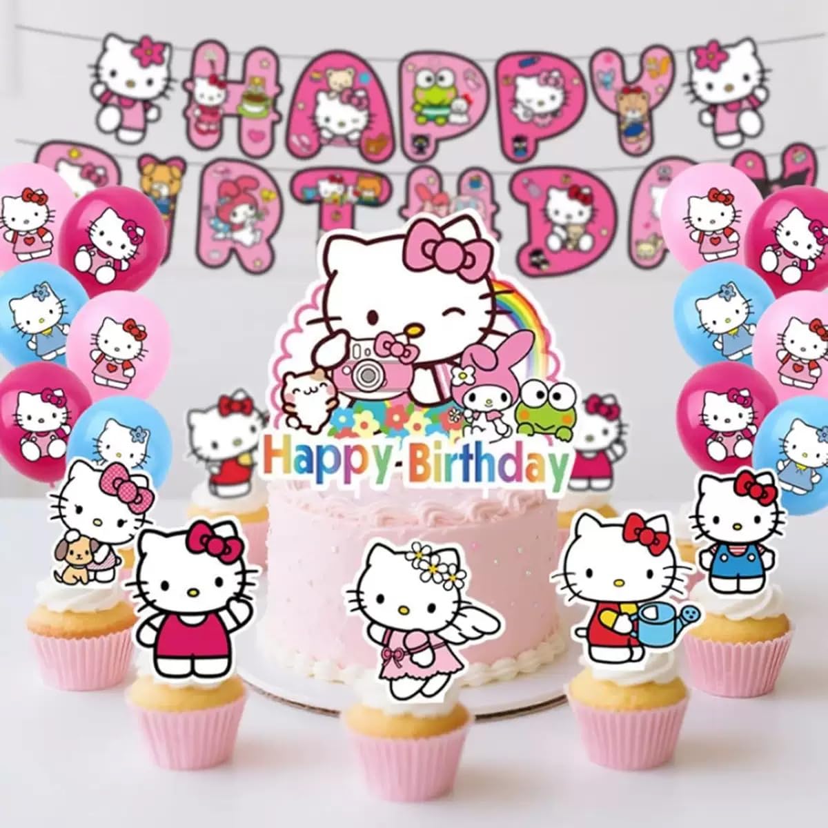 Jlemon 25pcs Kawaii Cat Cupcake Toppers – Hello Pink Cat Birthday Topper Set (Style B)