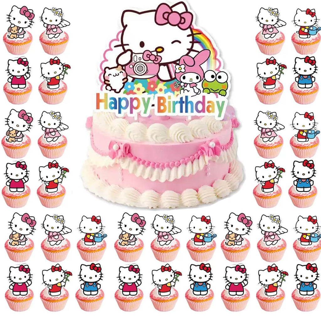Jlemon 25pcs Kawaii Cat Cupcake Toppers – Hello Pink Cat Birthday Topper Set (Style B)