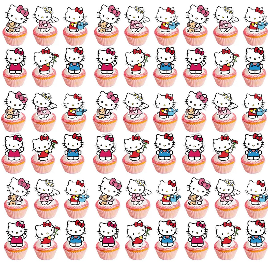 Jlemon 25pcs Kawaii Cat Cupcake Toppers – Hello Pink Cat Birthday Topper Set (Style B)