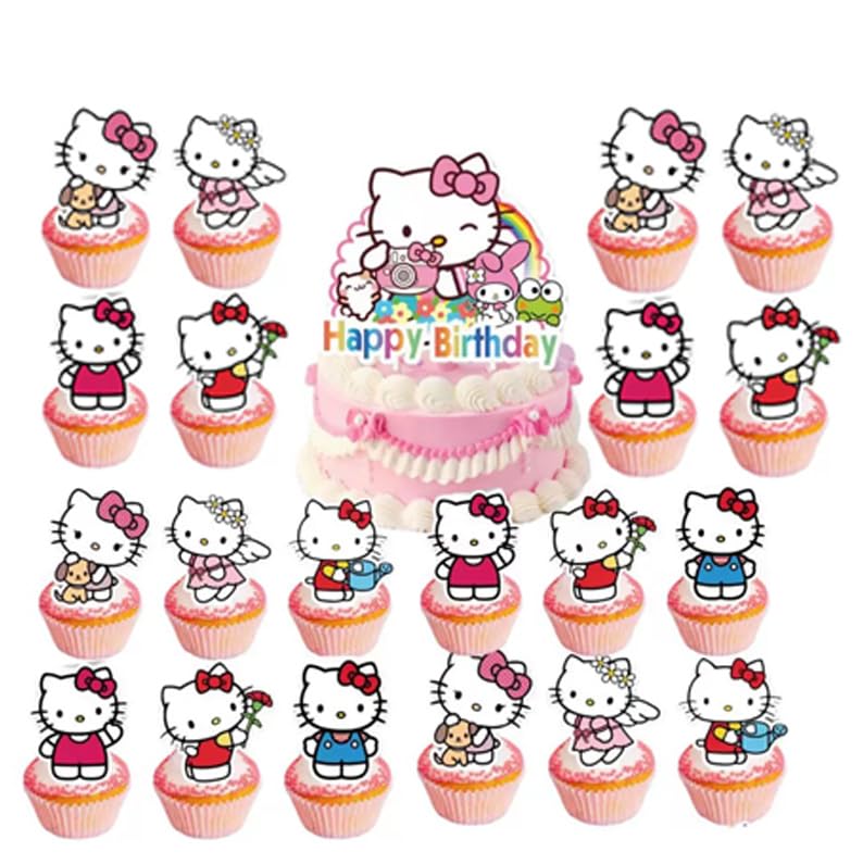 Jlemon 25pcs Kawaii Cat Cupcake Toppers – Hello Pink Cat Birthday Topper Set (Style B)