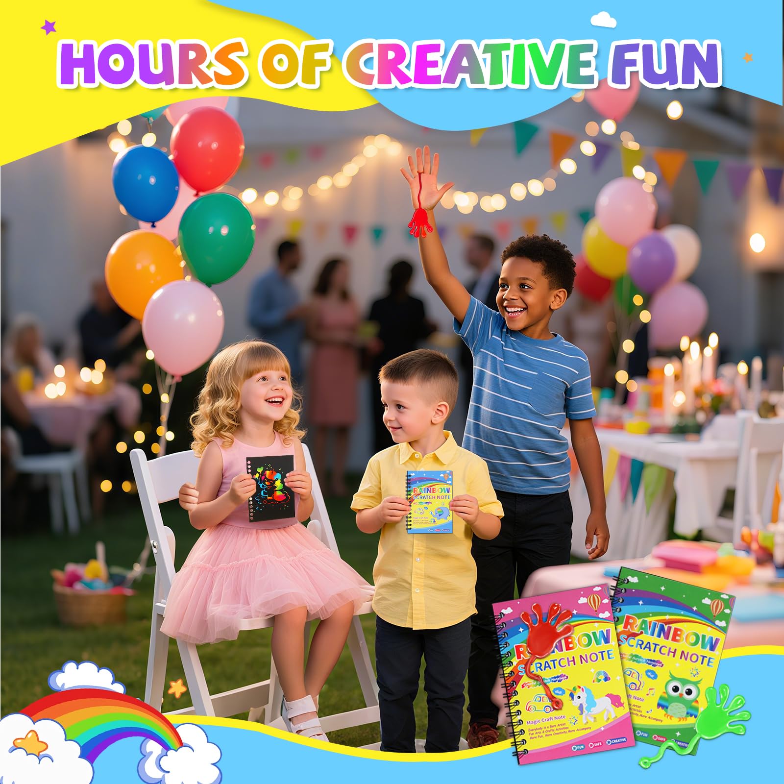 JMMICO 48-Pack Scratch Art Notebooks, Sticky Hands & Stickers – Party Favors Kit