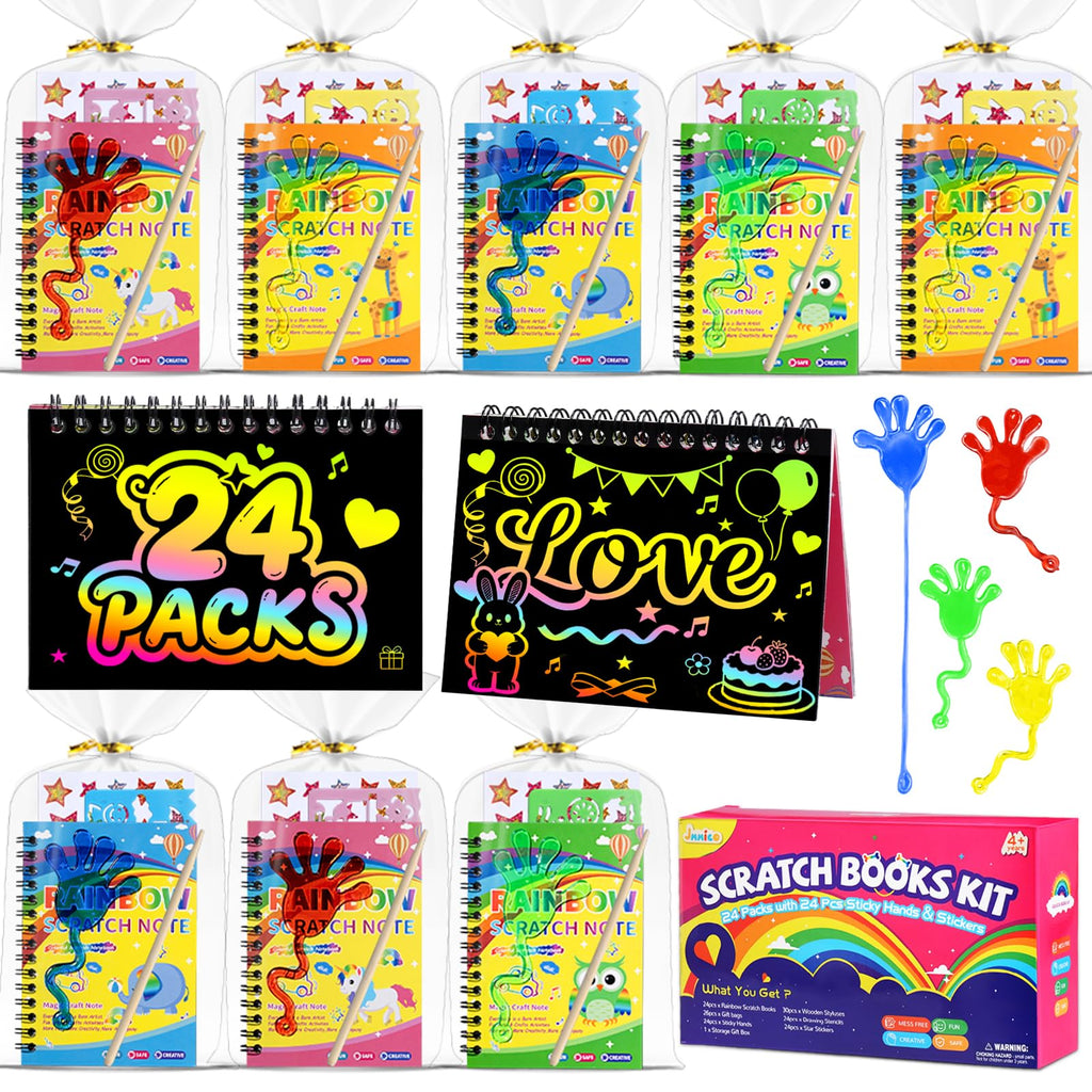 JMMICO 24x3 Pack Scratch Art Notebook + Sticky Hands + Stickers – Party Favors & Classroom Prizes