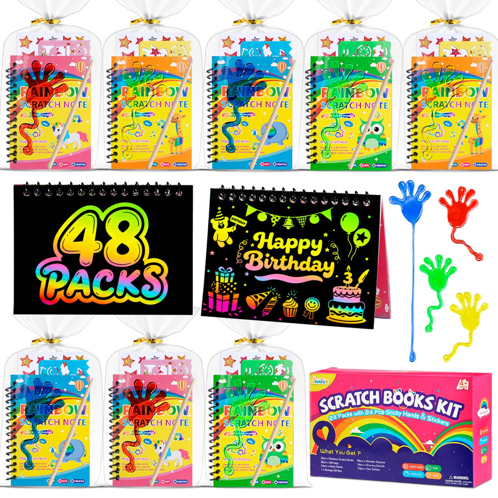 JMMICO 48-Pack Scratch Art Notebooks, Sticky Hands & Stickers – Party Favors Kit