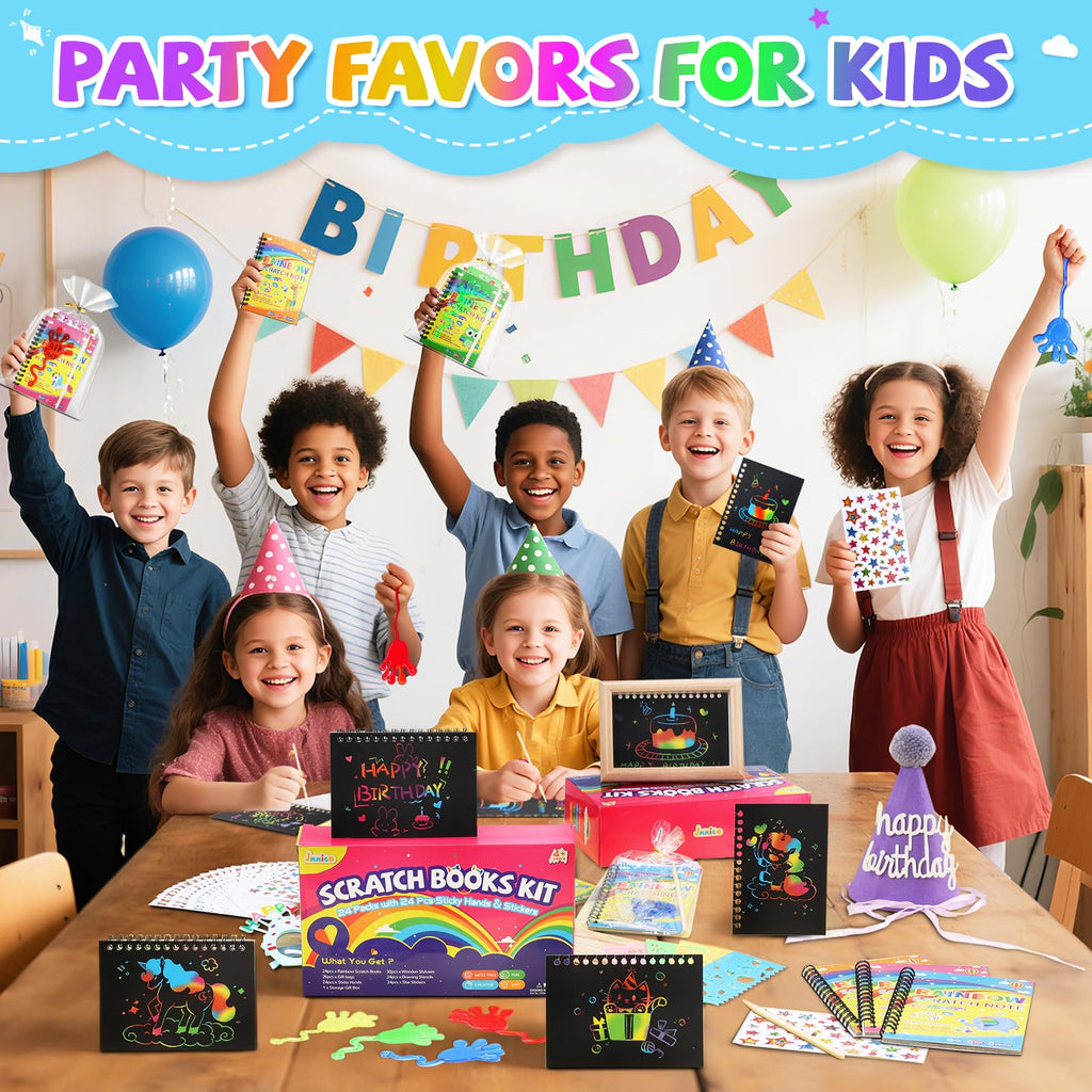 JMMICO 48-Pack Scratch Art Notebooks, Sticky Hands & Stickers – Party Favors Kit