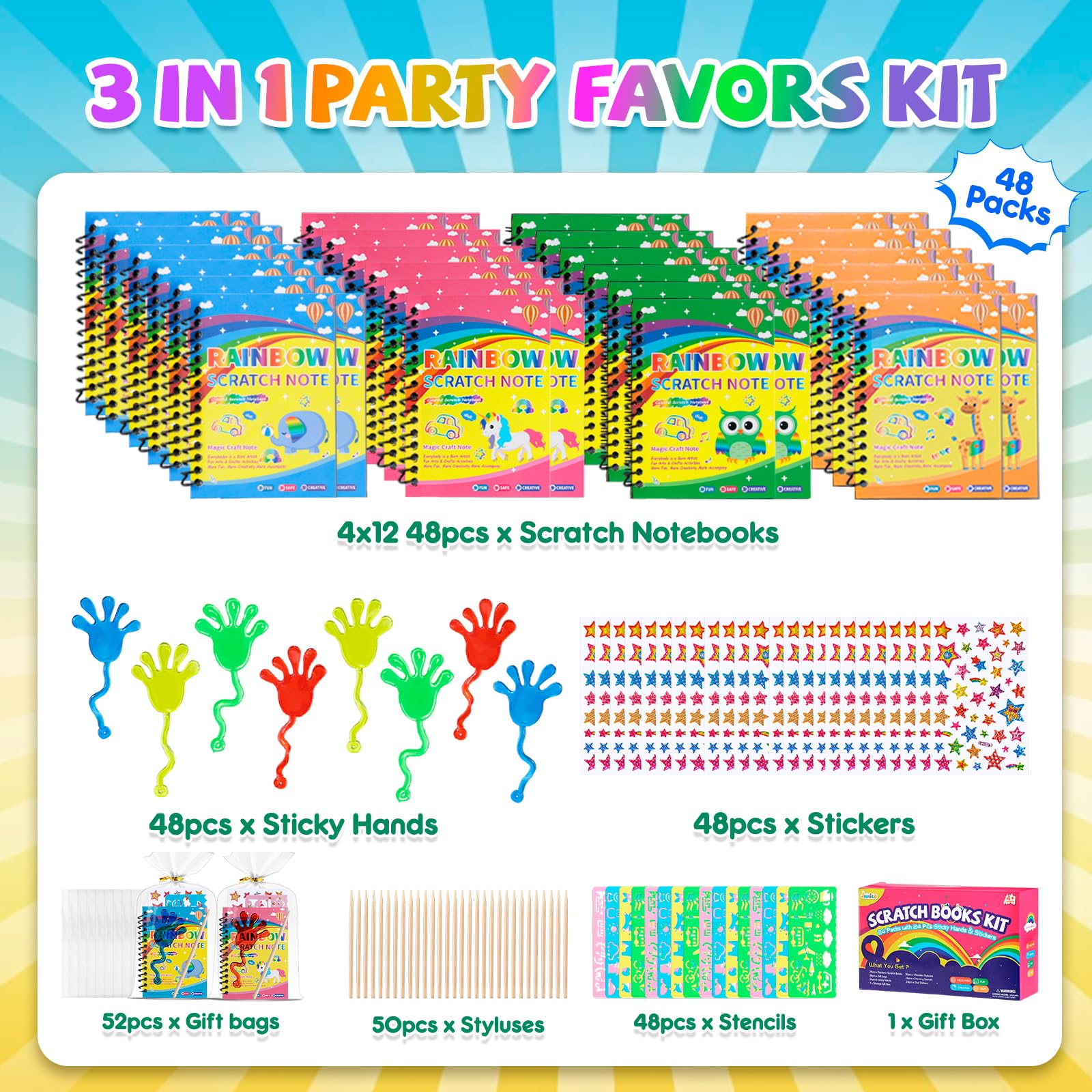 JMMICO 48-Pack Scratch Art Notebooks, Sticky Hands & Stickers – Party Favors Kit